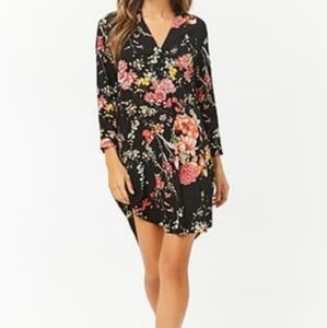 Crinkled Floral Print Popover Shirt Dress